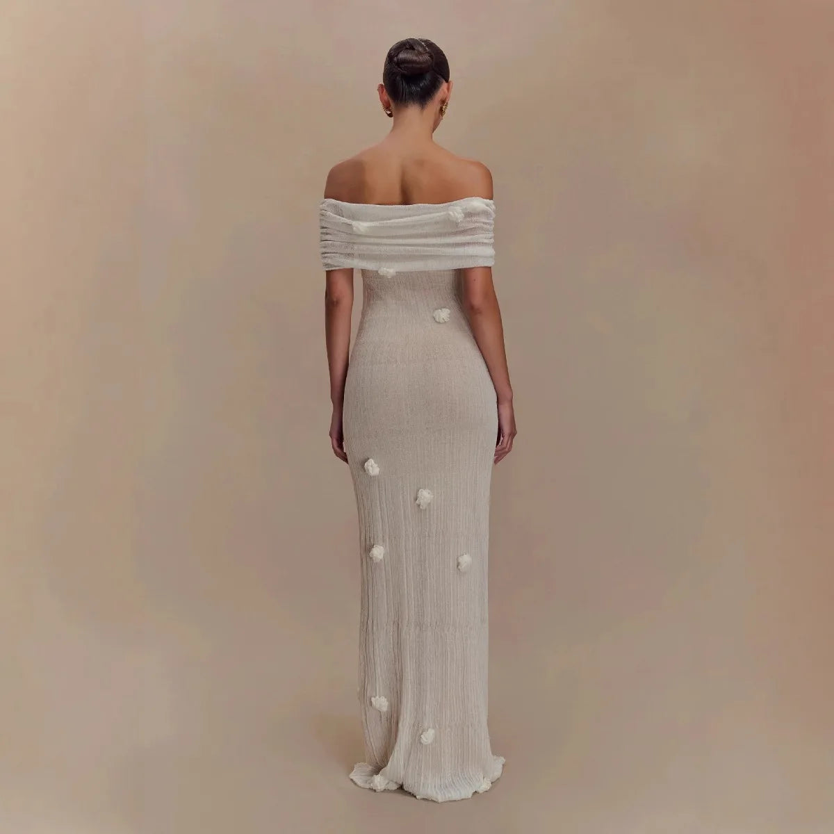 Elegant 3d Flower Off Shoulder Maxi Dress Sleeveless Perspective Pleated Slim Solid Color Robes 2026 Fashion Evening Party Gowns