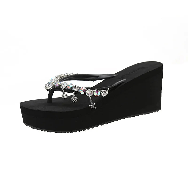 2025 Summer New High-heeled Flip Flops Women's Rhinestone Chain Pendant Thick Bottom Fashionable Clip on Sandals Beach Slippers