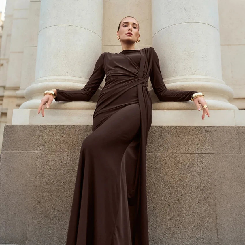 BKLD Fashion Autumn French Long Dresses Women Clothing Elegant High Waist Ruched Slimming Evening Dress Long Sleeve Solid Color