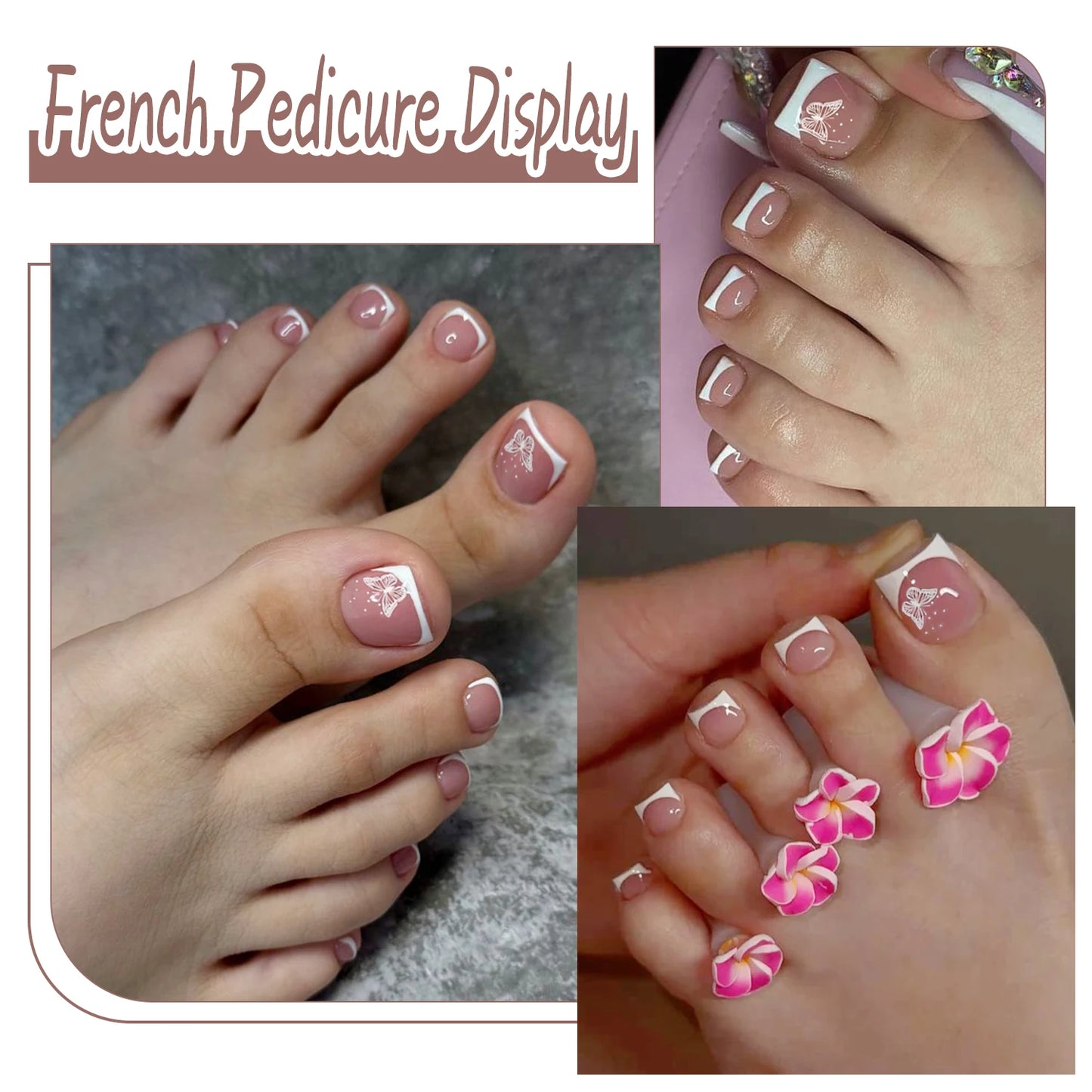 120Pcs Bronzing White Butterfly Design Fake Toenail Short Square Full Cover French False Toe Nails Summer Press On Toenails