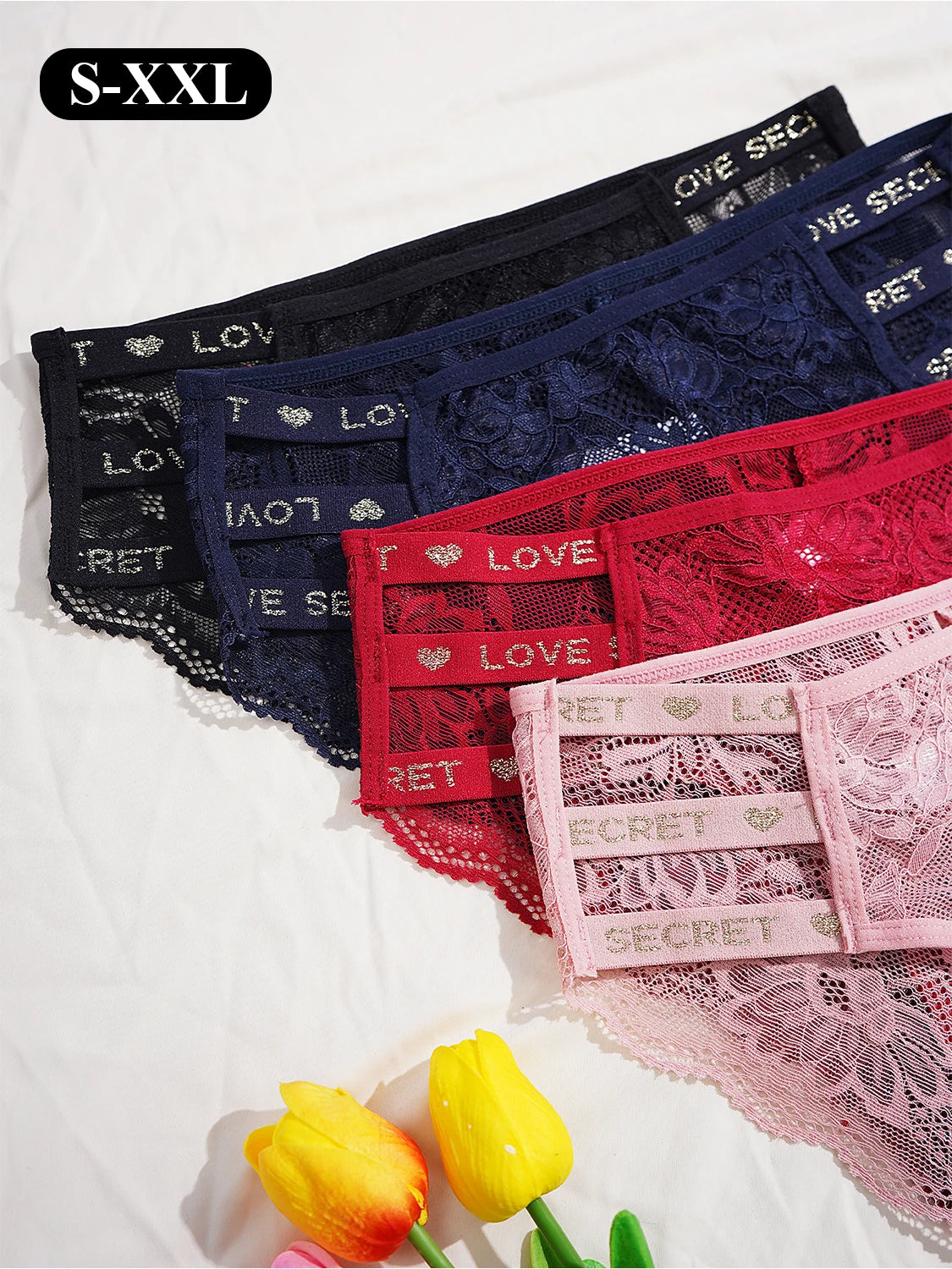 4PCS Elegant Floral Lace Women's Panties Underwear Comfortable Solid Color Briefs with "LOVE" Letter Waistband Female Lingerie