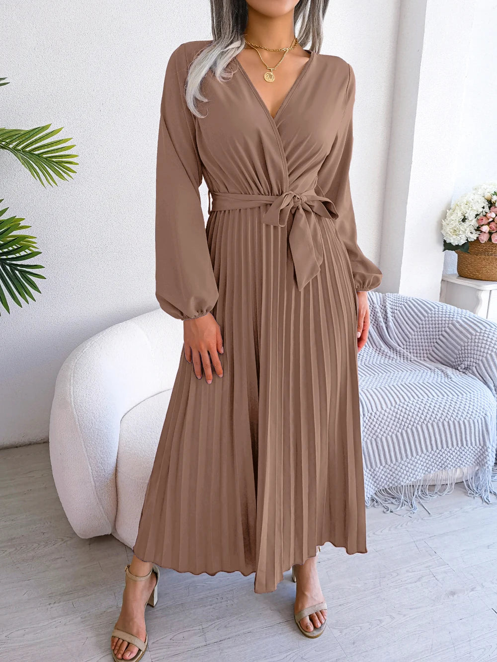 Women Elegant V Neck Long Sleeve Pleated Maxi Dress