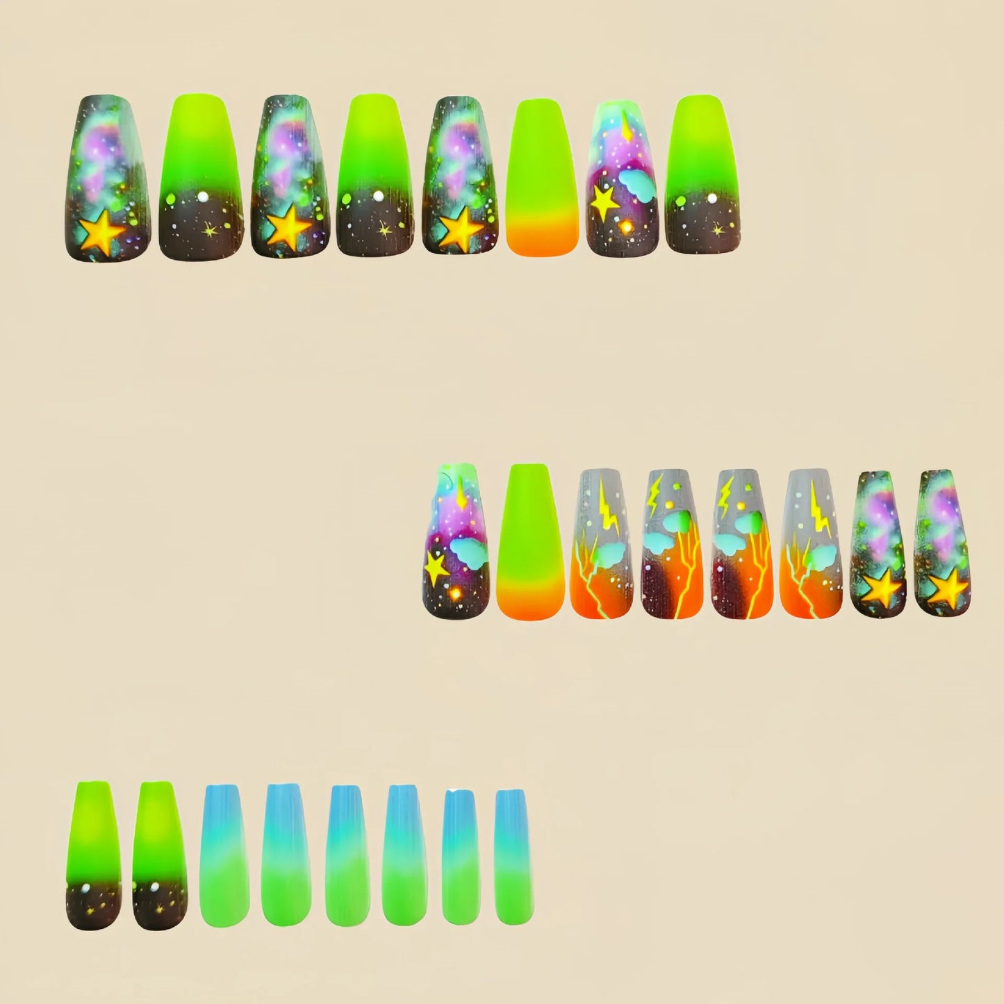 24pcs/set Medium fake nails for women girls gradient green blue cloud star lightning for summer full cover press on false nail