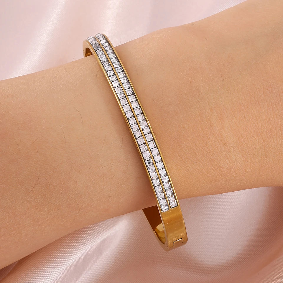 ZAKOL 4pcs Golden Bracelets Set Geometric Square Crystal Zirconia Inlaid Copper Stainless Steel Stackable Bangles Luxury Jewelry