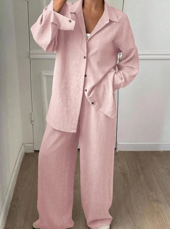 2026 New Women Linen Two Piece Outfit Set Lapel Long Sleeve Button Shirts Elastic Waist Wide Leg Pants Casual Loose Home Suit