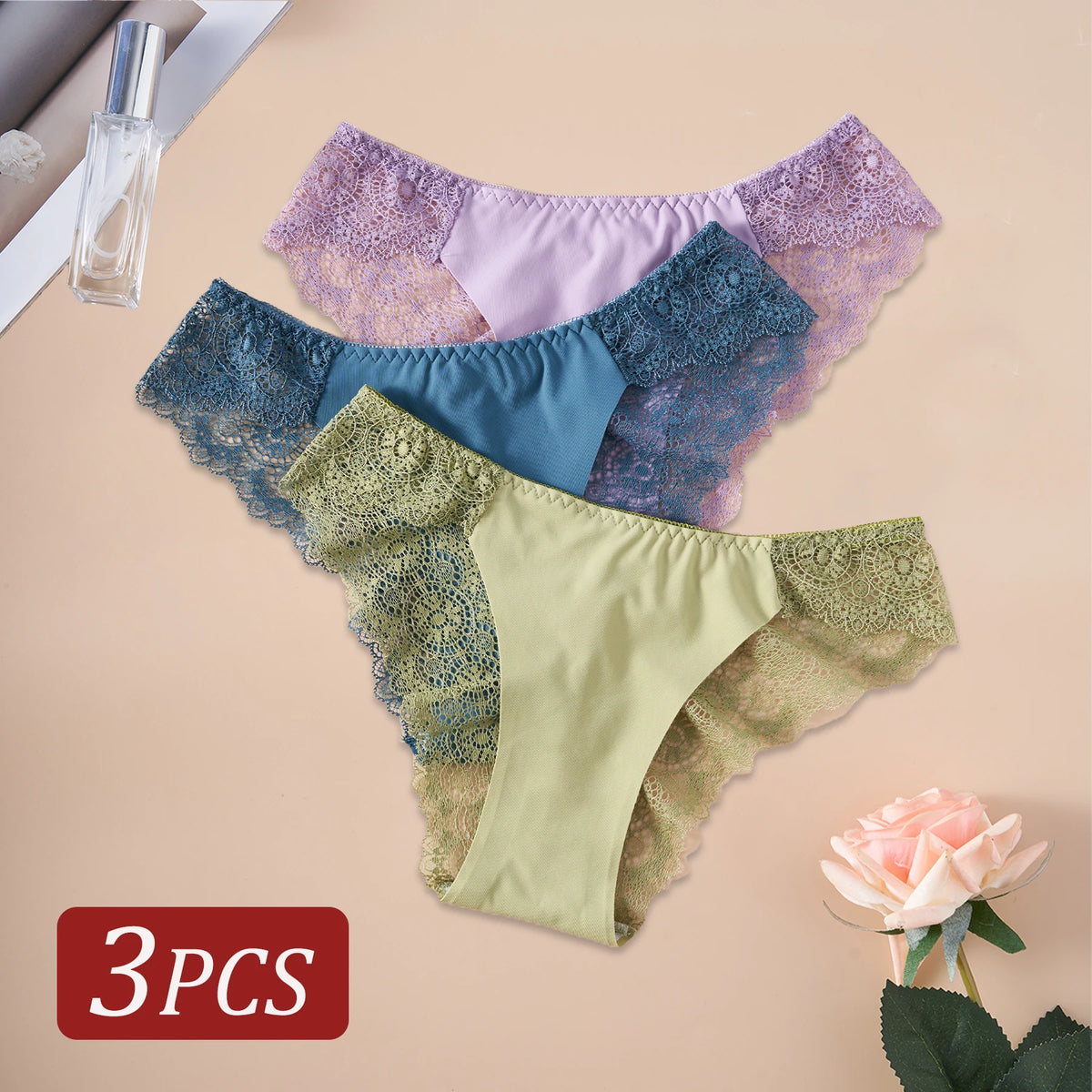 3PCS Elegant Hollow Floral Lace Panties for Women High Quality Underwear Solid Color Low-Waist Sexy Briefs Intimates Lingerie