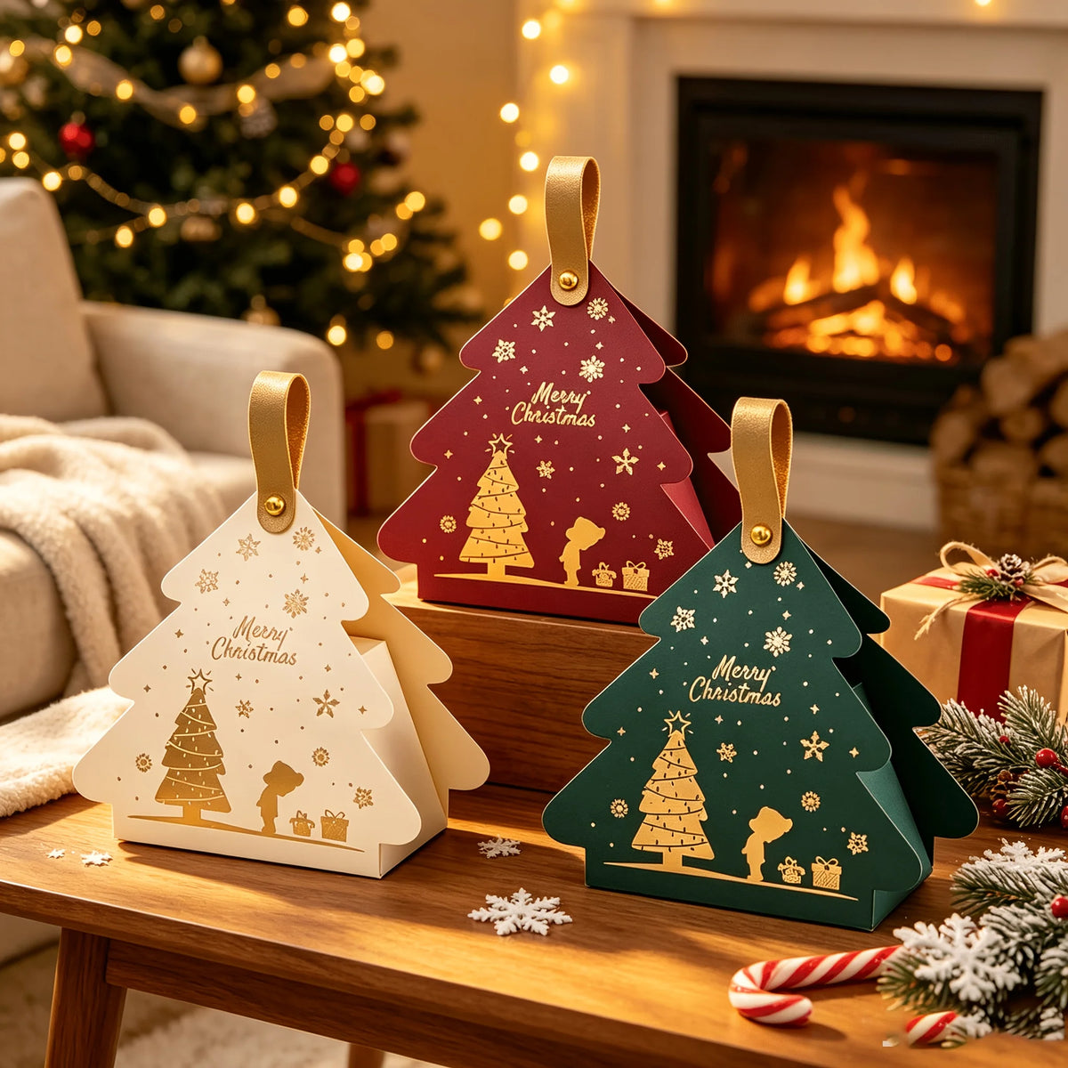Christmas Tree Shaped Gift Box Set with Handle, Portable Paper Gift Bags,for Holiday Party Favors And Christmas Tree Decorations