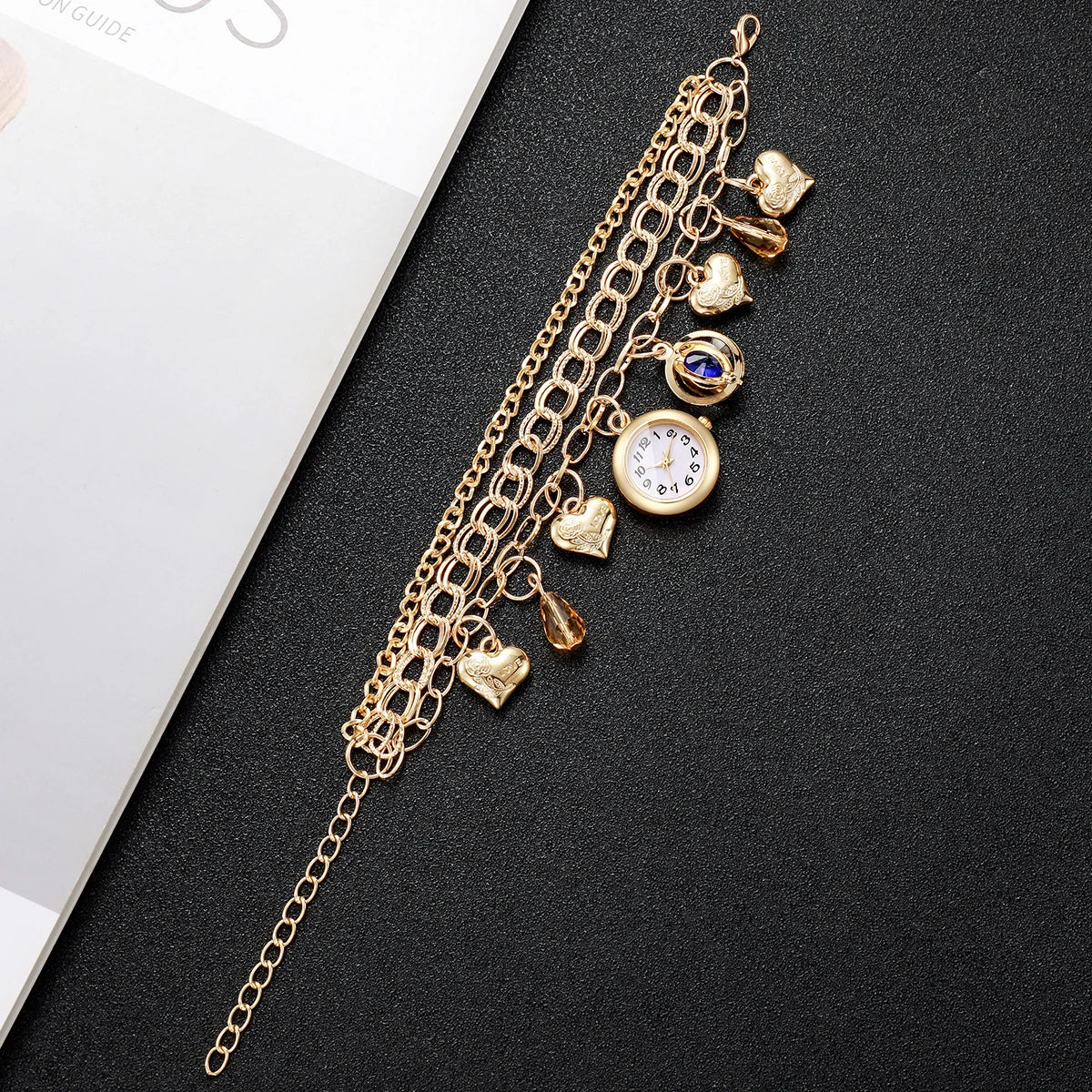 Fashion Women Gold Multi‑Layer Bracelet Watch Love Heart Blue Crystal Charm Quartz Wristwatch Relogio Feminino（Without Box）
