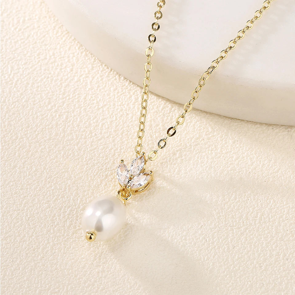 ZAKOL Fashion Leaf Shiny Zircon Pearl Drop Earring Necklaces Jewelry Sets for Women Charming Wedding Jewelry Gift