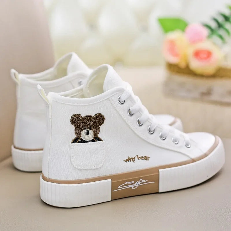 Cute Women’s Canvas Sneakers – Breathable High-Top Vulcanized Flats | حذاء نسائي قماشي كاجوال – سنيكرز عالية مريحة وبتصميم فلكنايزد