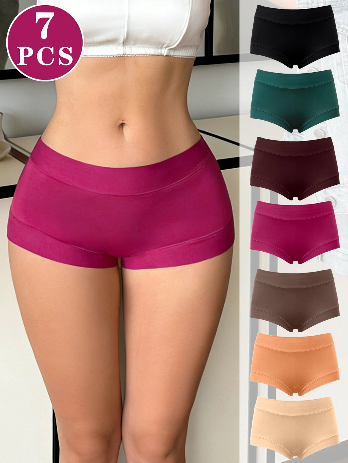 7PCS Solid Basic Women Panties High Stretch Seamless Underwear Comfortable Ladies Boyshort Panties