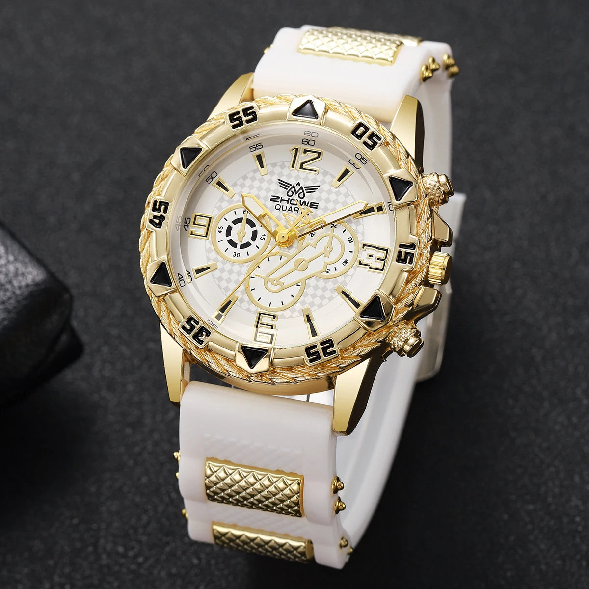 Fashion Gold Case Men Sports Quartz Watch White Silicone Strap Casual Male Dress Wristwatches Relogio Masculino（Without Box）