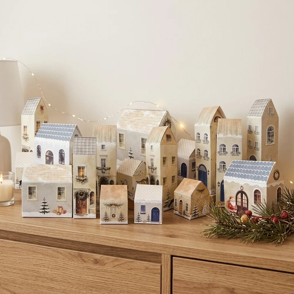 24 Pcs Christmas House Boxes,24 Christmas Calendars Self Boxes DIY Christmas Village Houses Snow Landscape,Small Christmas Boxes