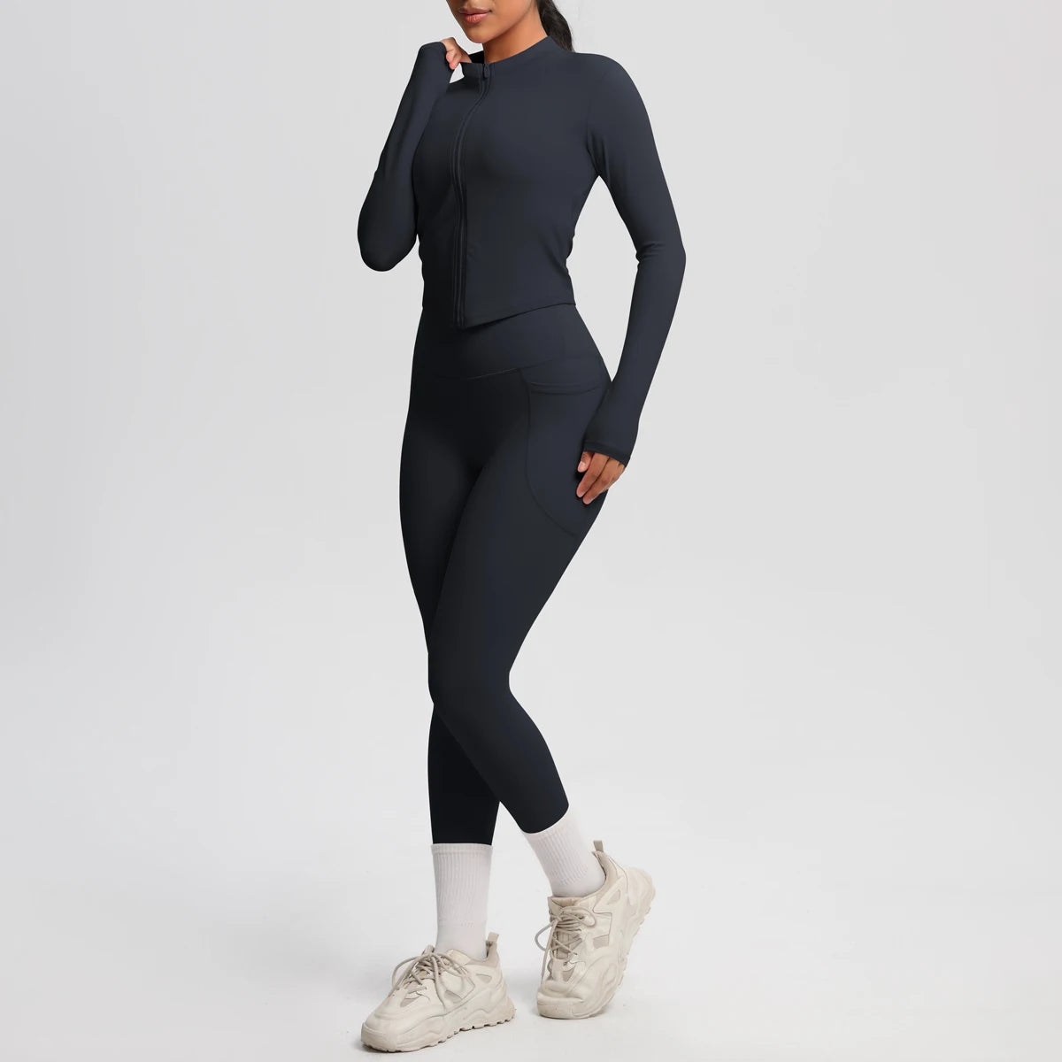 2PCS Yoga Suit Women Gym Set Leggings With Pocketed Women Tracksuit Running Zipper Workout Sportswear Long Sleeve Sports Shirt