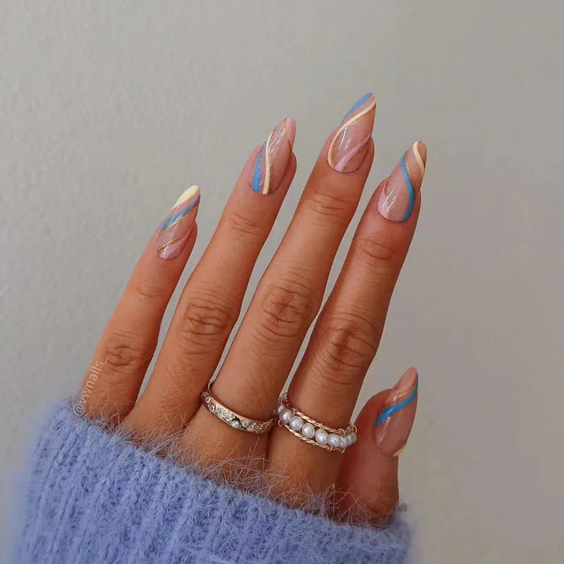 24Pcs Purple Heart Almond False Nails Artificial Simple with Glue French Wearable Fake Nails Full Cover Press on Nails Tips Art
