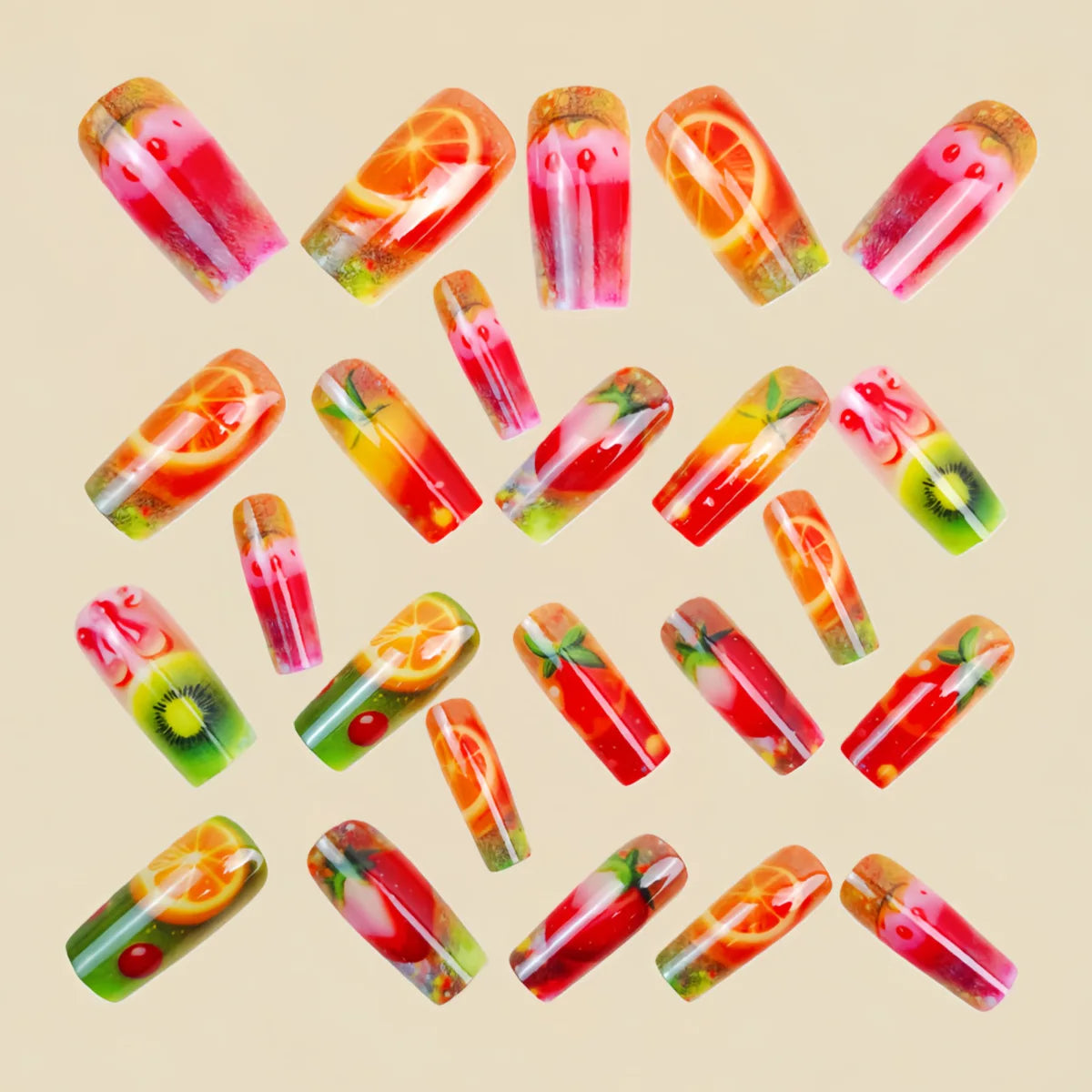 Medium long fake nails for women girls gradient red wine glass colorful fruit full cover ballet nail tips press on false nail