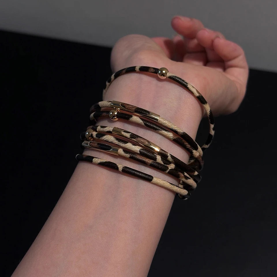 ZAKOL Retro Metal Tube Sexy Leopard Print Leather Bracelet For Men Women Boho Multi-Layer Wrapped Bracelets Charm Jewelry
