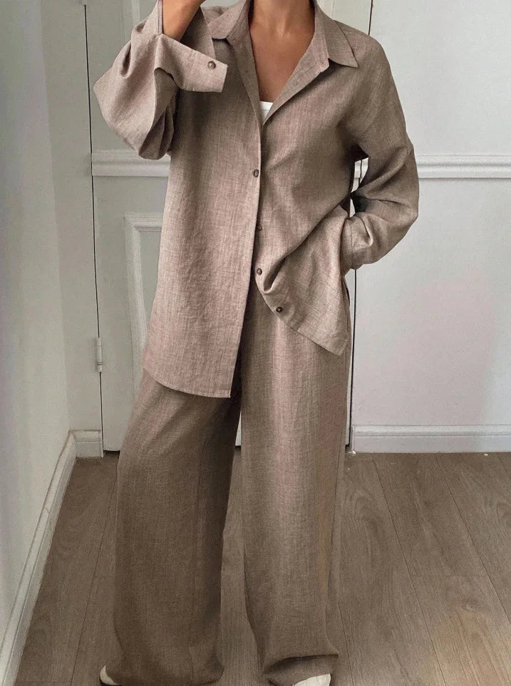 2026 New Women Linen Two Piece Outfit Set Lapel Long Sleeve Button Shirts Elastic Waist Wide Leg Pants Casual Loose Home Suit