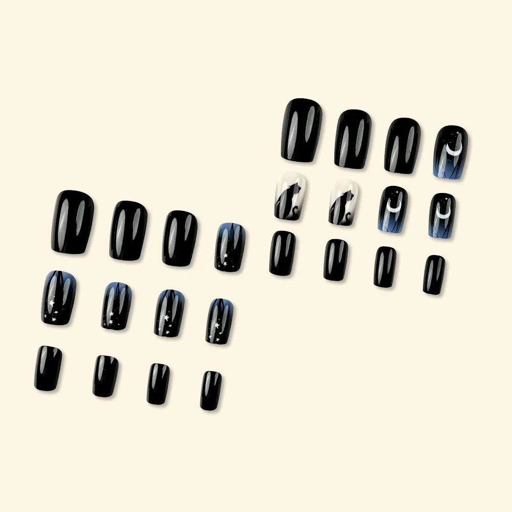 24pcs/set medium long fake nails square ballet nail tips glitters starry sky moon star feather design press on false nail art