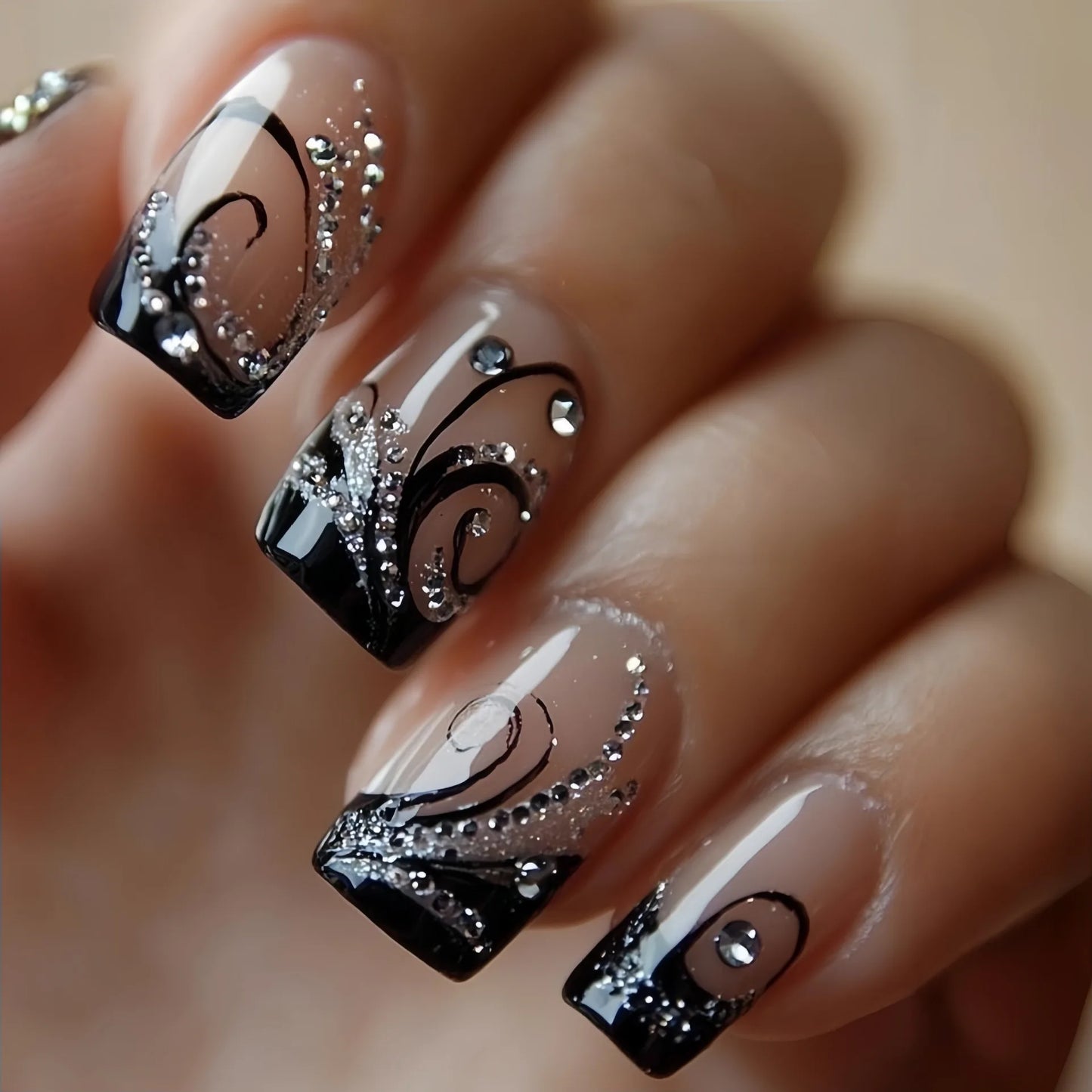24PCS Gothic False Nails Dark Red Vine Pattern Medium Coffin Press on Nail Sticker Sweet Cool Glossy French Fake Nail Spice Girl
