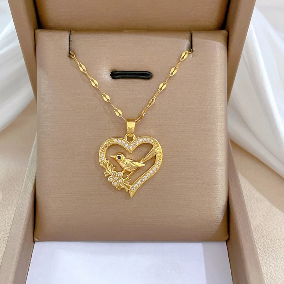 Trendy Heart Stainless Steel Zirconia Necklaces For Women Girls Love Gold Color Metal Necklace Party Birthday Daily Jewelry