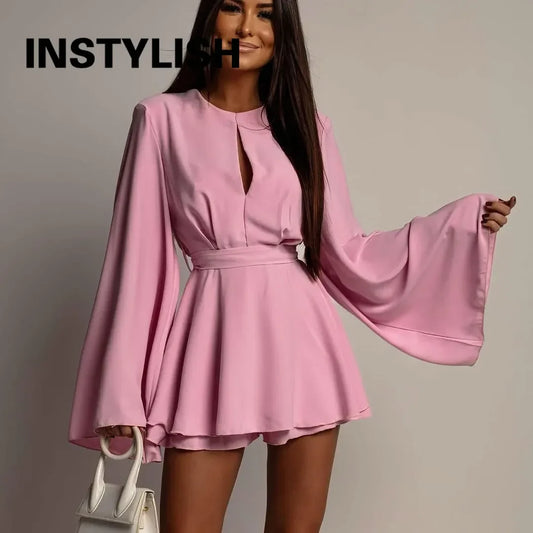 Women Backless Bow Mini Dress Elegant Flare Long Sleeve Lace Up Sashes Waist A Line Shorts Dress Party Evening Vacation Dresses