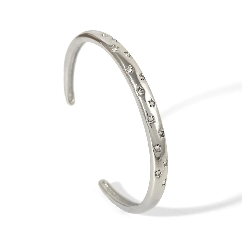 ZAKOL Trendy Stainless Steel Five-pointed Star Zircon Inlaid Open Bracelet Versatile Non Fading Cuff Bangles Jewelry Gift
