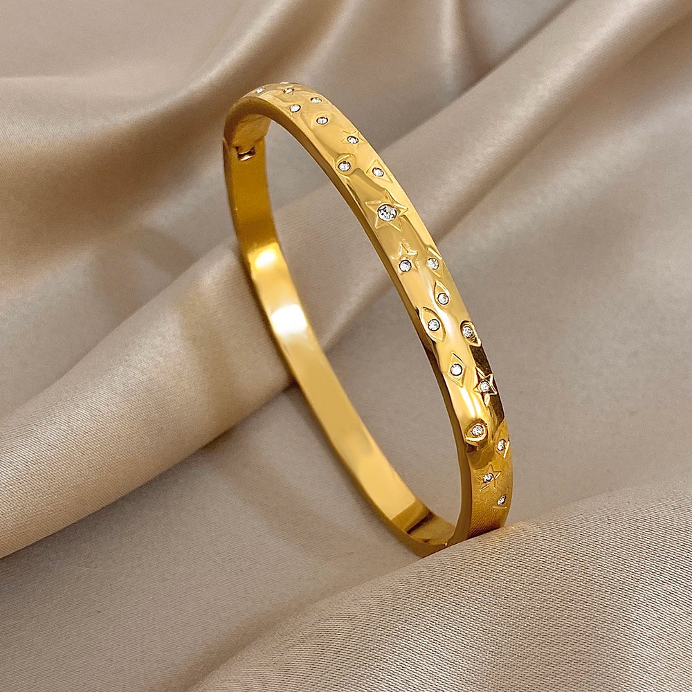 FLASHBUY Trendy Chic Gold Color Simple 316L Stainless Steel Bangles Bracelets for Women Charm Zircon Waterproof Jewelry Gift