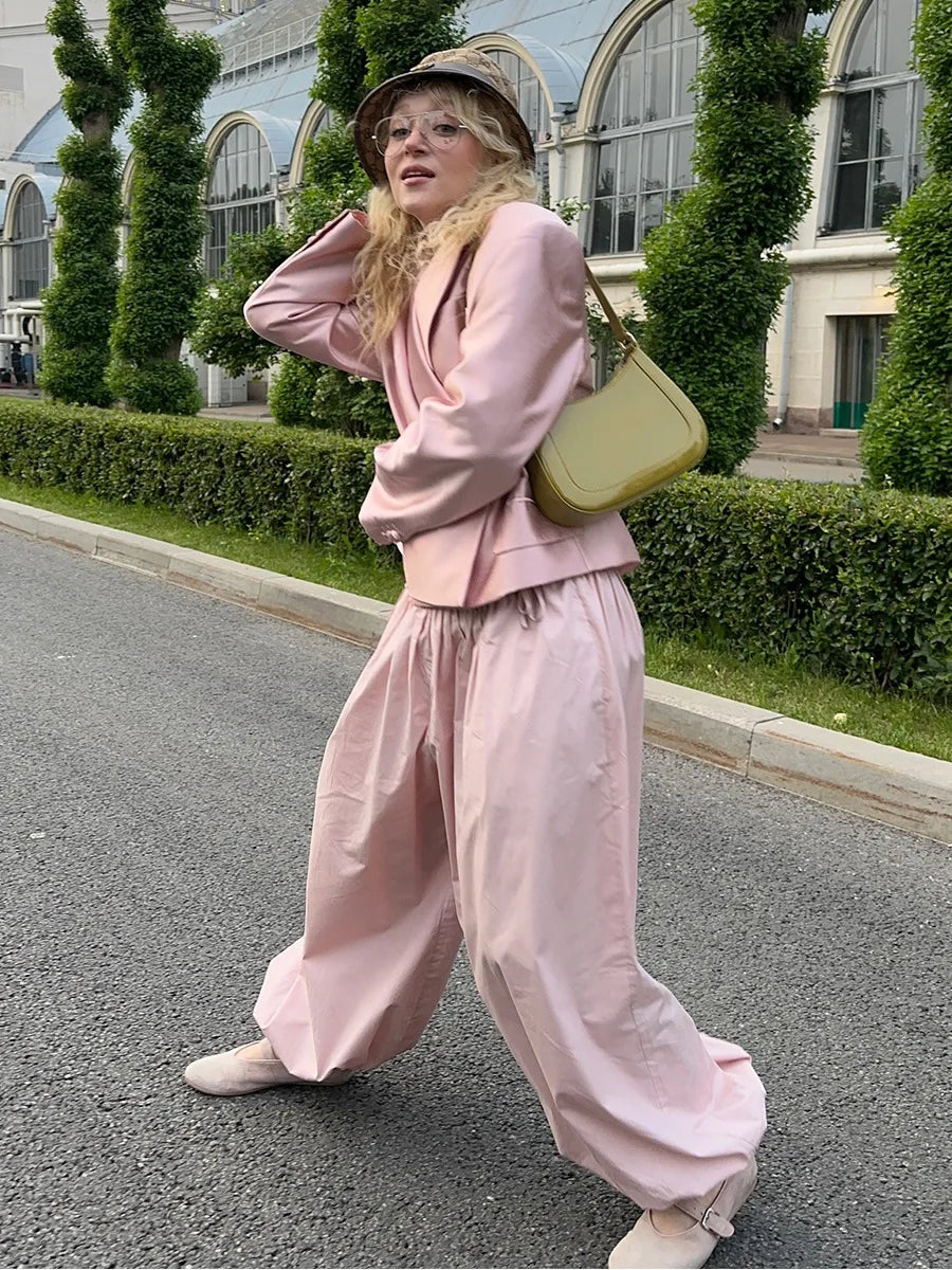 Y2k Fashion Pocket Bloomers Female Trousers Wide Leg Women Pants Pleated Loose High Waist Patchwork Bandage Streetwear