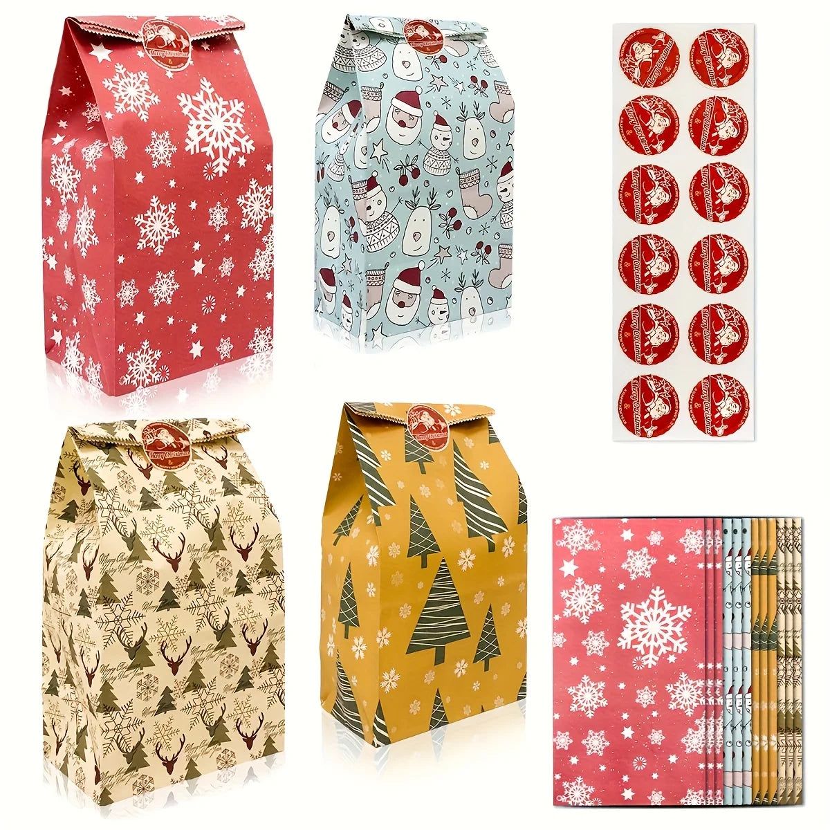 Christmas Gift Bags with Stickers, Xmas Holiday Goodie Treat Bags, Snowflake Reindeer Pattern Paper Gift Pouches for Christmas