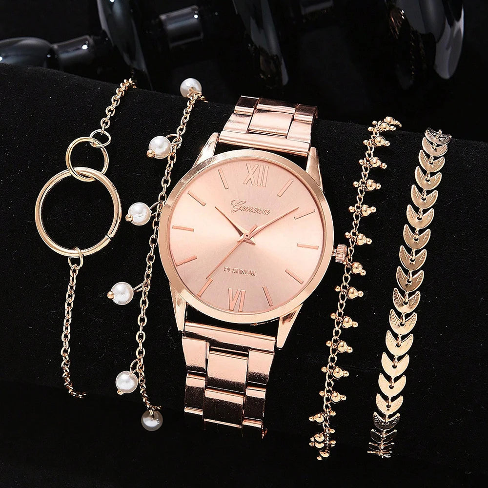 5PCS Quartz Watch Set Women Fashion Silver Round 3 Eyes Alloy Strap Wristwatch Gift Rhinestone Watch For Women Jewelry Set