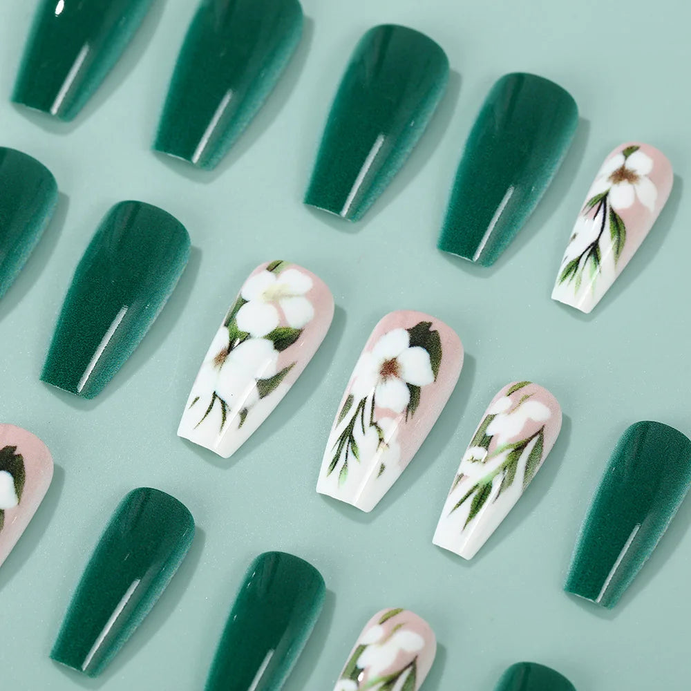 Medium long fake nails for women green white pink red flowers for Spring summer ballet tips full cover acrylic press on nail