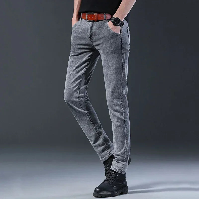 New Men Fashion Casual Business Denim Pants Male Slim Fit Straight Leg Trousers Stretch Solid Pants Size 27-38