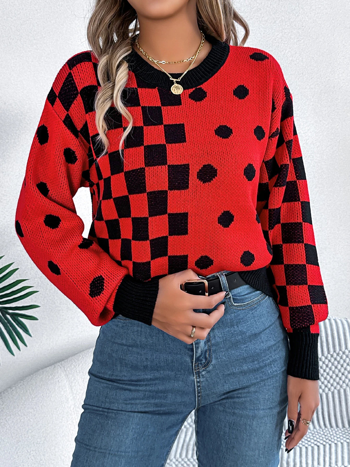  Autumn Winter Casual Contrasting Grid Dot Long Sleeve Knitted Pullover Fashion New Year and Christmas Sweater Women Clothes