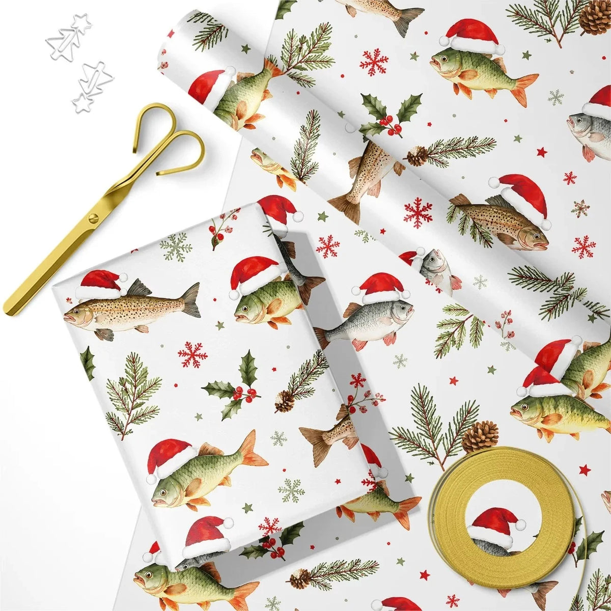 43X300CM Fisherman Christmas Wrapping Paper, Cute Santa Hat Fish Pattern, Winter Pine & Holly Design for Angler Holiday Gifts