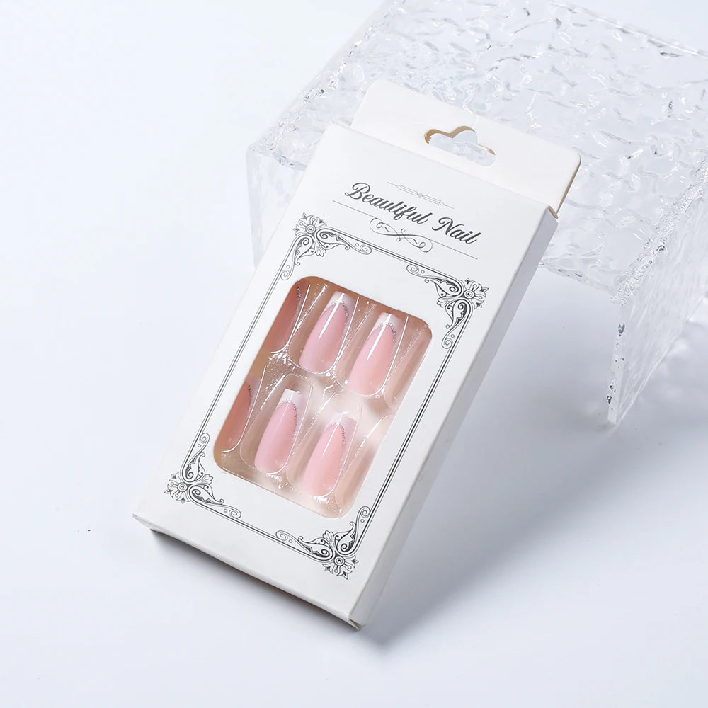 24Pcs Short Square Coffin French Glitter Press On Nails أظافر لاصقة فرنسية لامعة بشكل مربع – 24 قطعة
