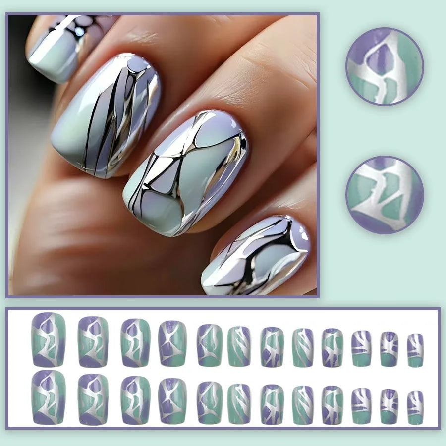 Short Medium fake nails glossy Y2K gradient green purple silver pink white golden geometric reusable ABS Artificial nails kit