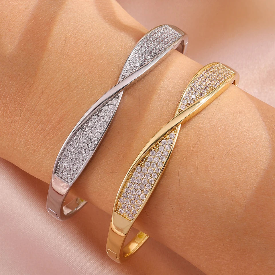 ZAKOL Exquisite Micro Inlaid Zircon Twisted Cuff Bangle Bracelets for Women Copper Wristband Bracelet Wedding Party Jewelry