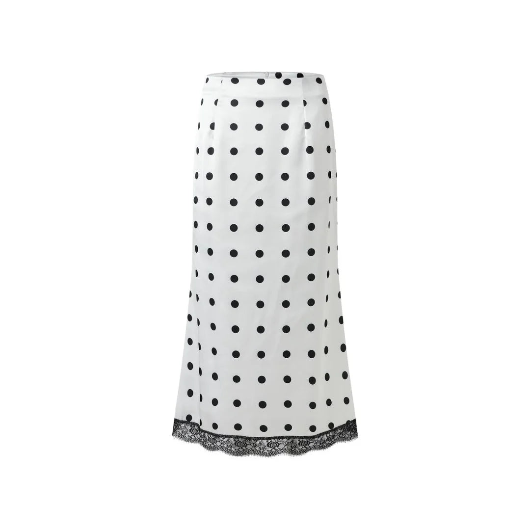 Elegant Polka Dot Skirt For Women Casual High Waist Satin Silk Patchwork Lace Midi Skirts 2026 Y2k Vintage Female Streetwear