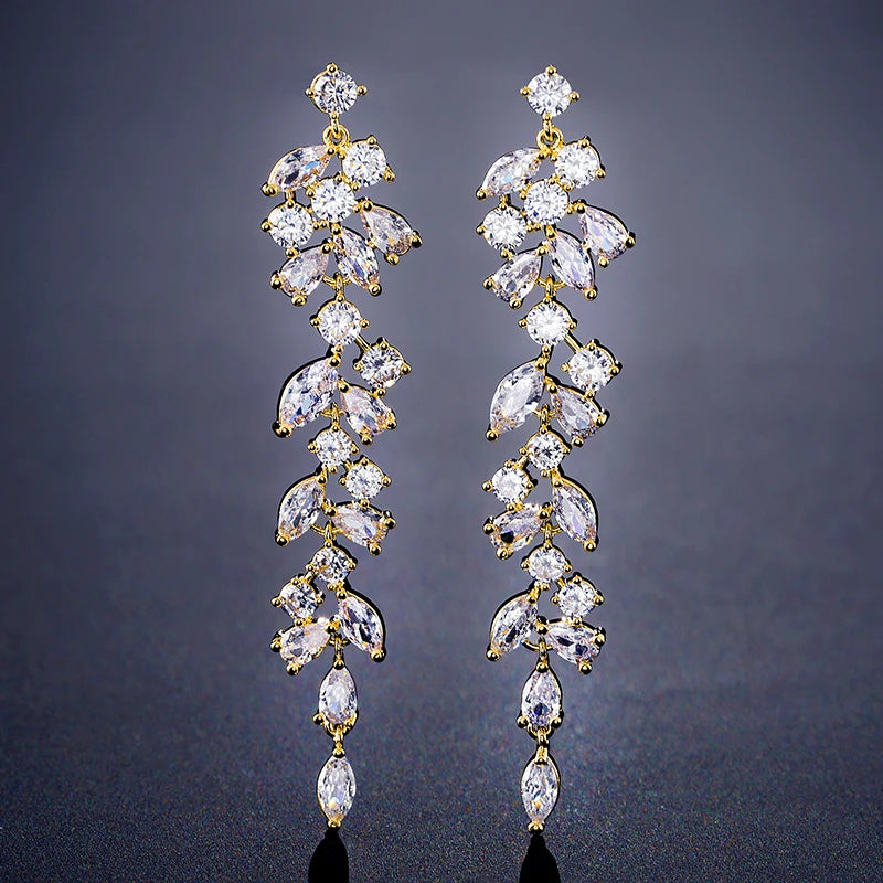 ZAKOL Fashion Cubic Zirconia Leaf Long Dangle Earrings for Elegant Women White Leaves Drop Earring Bridal Wedding Jewelry