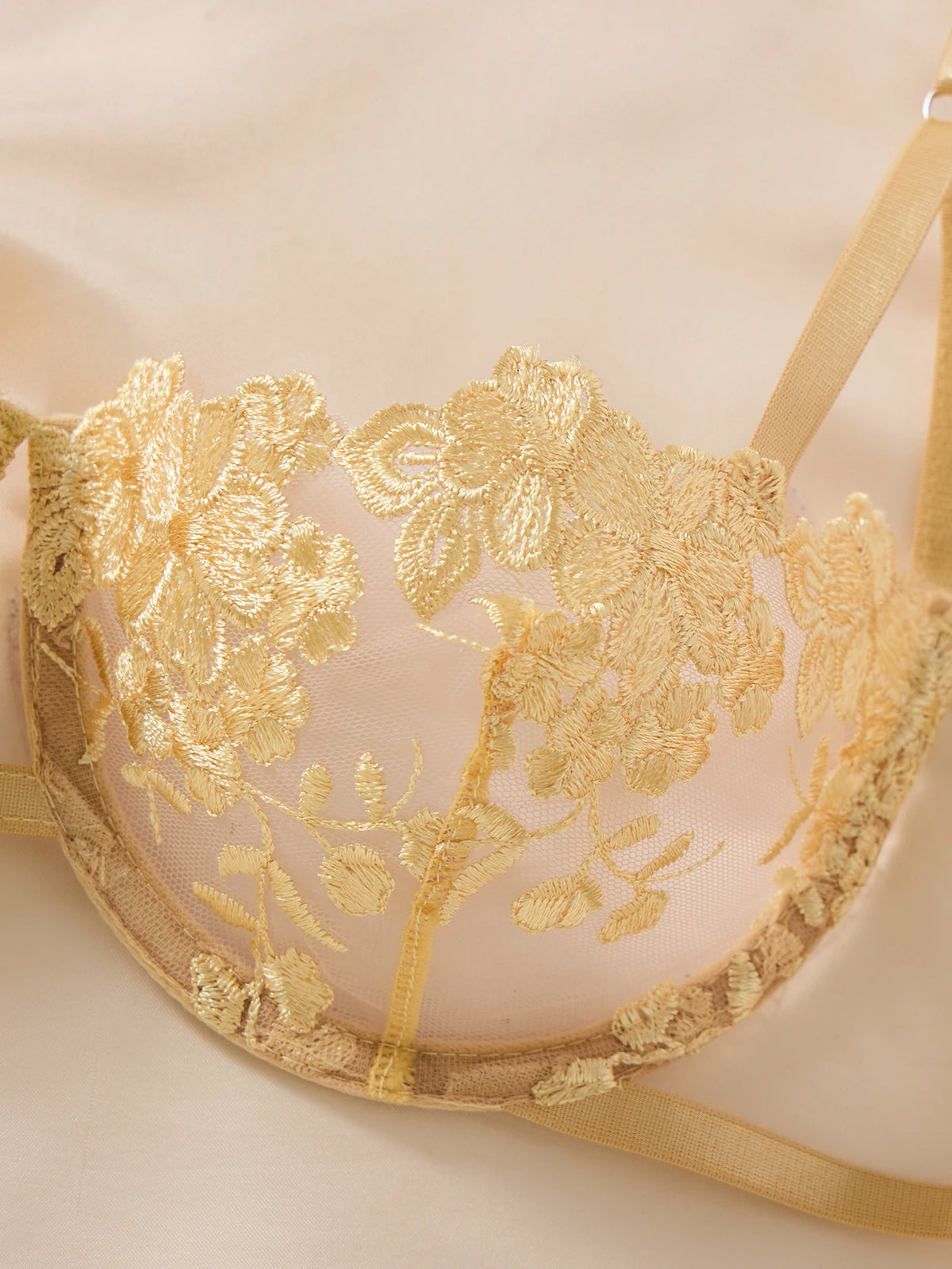 Women 2 Piece Lingerie Set Gold Floral Embroidery Sheer Mesh Balconette Bra and Panty Set Ribbon Tie Sides