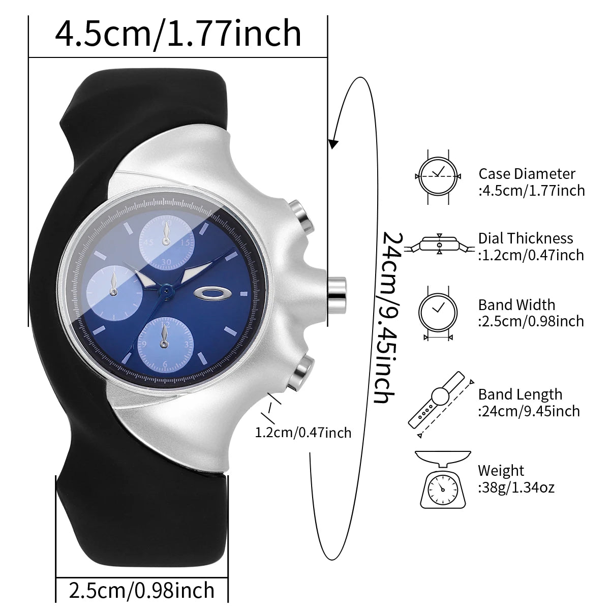 Fashion Sport Men Watch Big Dial Blue Dial Silicone Strap Quartz Wristwatch Casual Male Clock Relogio Masculino（Without Box）