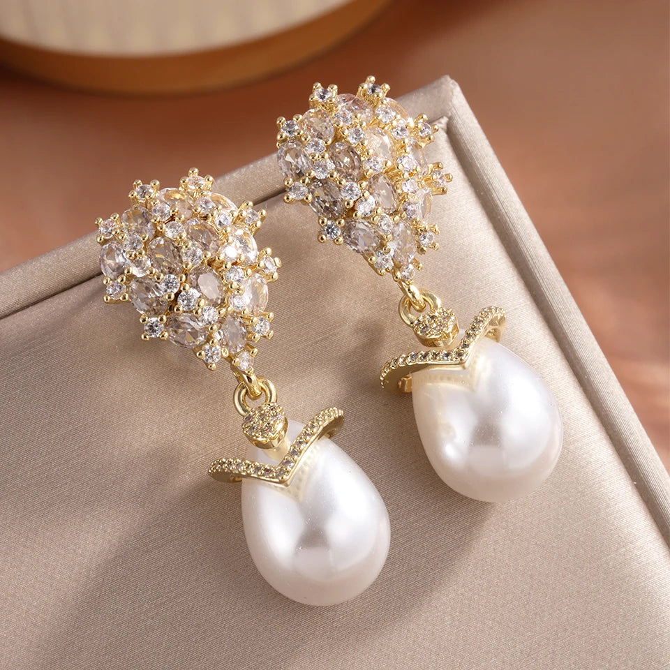 ZAKOL Luxury Big Teardrop Pearl Drop Earrings for Women Elegant Flower Shiny Zircon Wedding Party Jewelry Gift