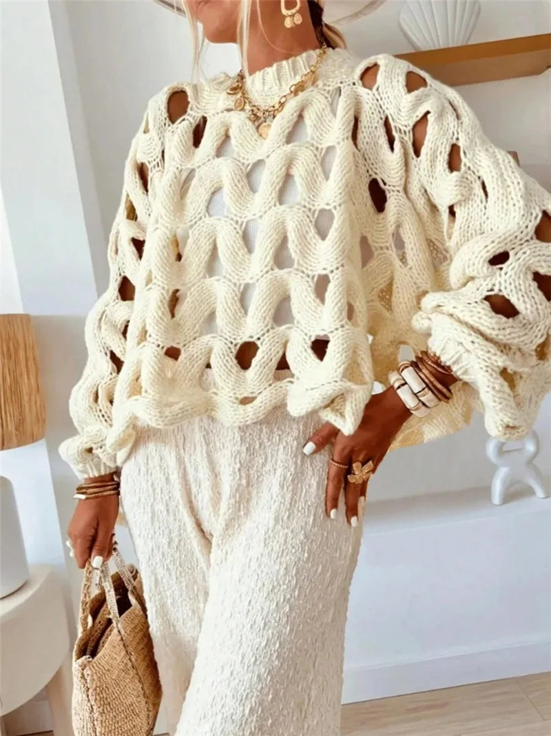 BKLD Ladies' Casual Solid Color Leisure Vacation Beach Hollow Out Crochet Long Sleeve Sweater Pullovers Knitted Tops Women