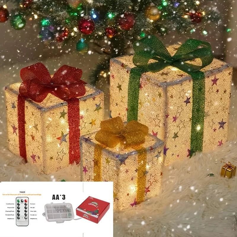 3 Pack Light Up Christmas Gift Box Ornaments, Battery Powered, Indoor & Outdoor Xmas Home, Porch, Lawn Holiday Decor