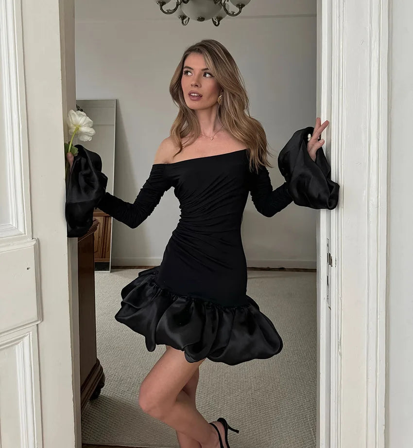 BKLD New 2026 Spring Elegant Black Dress Sexy Backless Slim Fit Long Sleeve Off The Shoulder Dress Party Clothes For Women