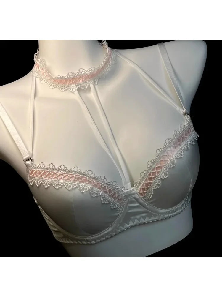MOYISU Method Pearl Powder Bra Set Lace Halter Neck Design for Small Breasts Big Thick Cup Pure Desire Sexy Underwear for Women