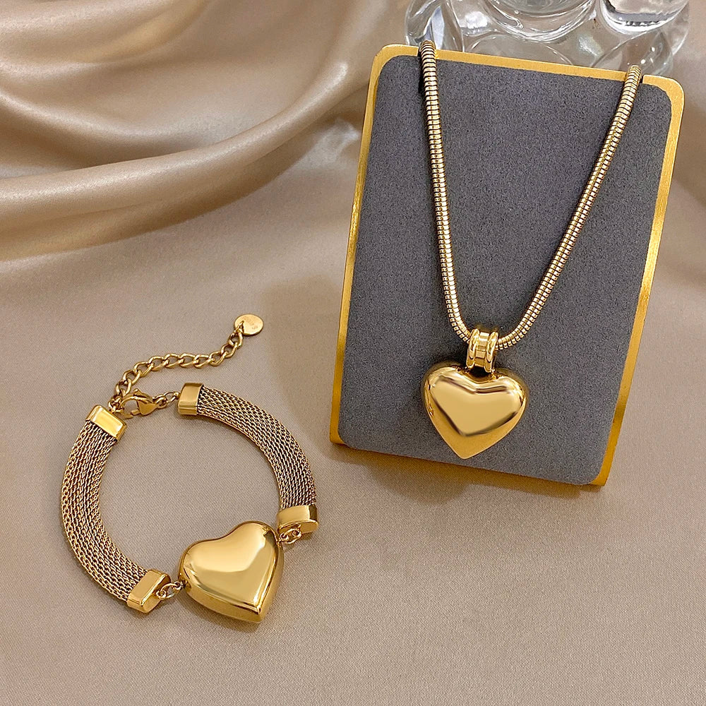 Punk Chunky Women's Set Jewelry Gold Color Thick Chain Heart Pendant Stainless Steel Necklace Bracelets Set Fashion Jewelry