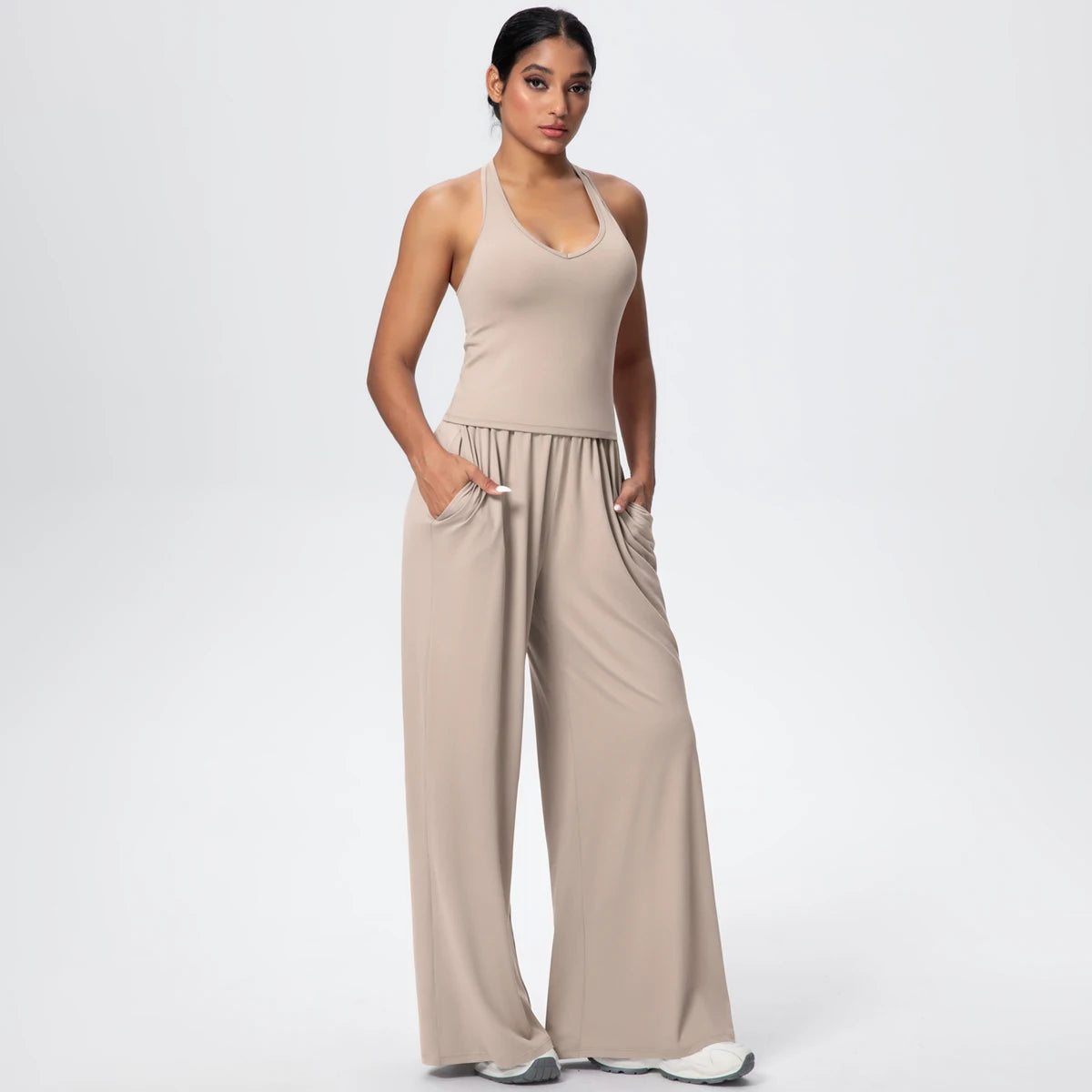 Breathable Loose Wide Leg Pants and Yoga Vest Set Solid Color High Stretch Pockets Pants Beautiful Back T-shaped Vest Yoga Suit
