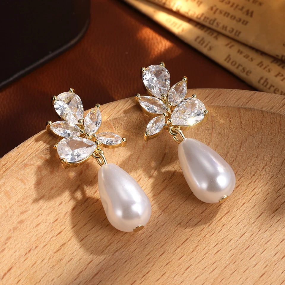 ZAKOL Classic AAA Zircon Pearl Dangle Drop Earrings for Women Shiny Crystal Bride Engagement Wedding Jewelry Ear Accessories